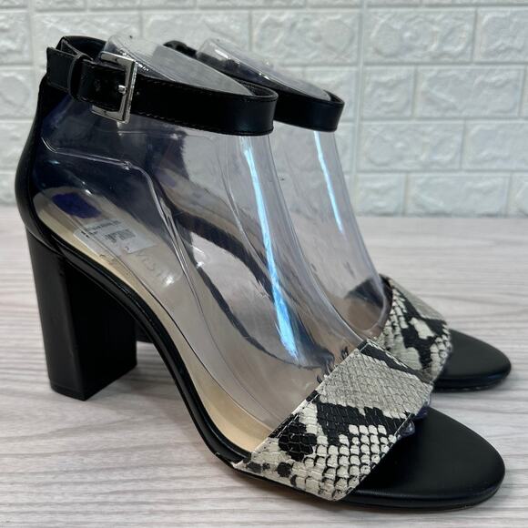 Nine West Sandals WMNS 8.5M Black Silver Snake Print Leather Ankle Strap Heeled - Picture 1 of 9